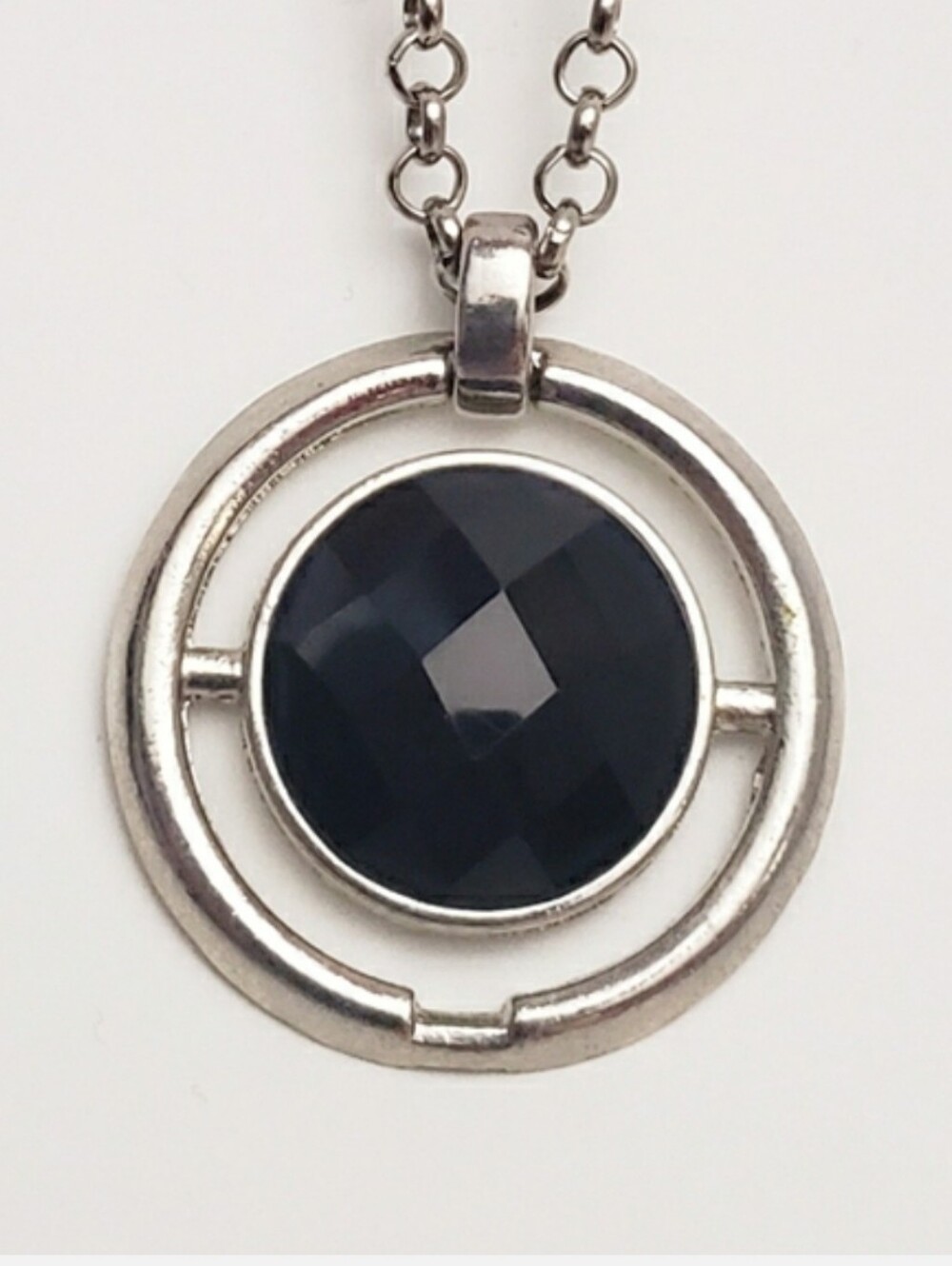 Black Onyx Faceted Stone Eternity Silver Ring Pendant Long Necklace